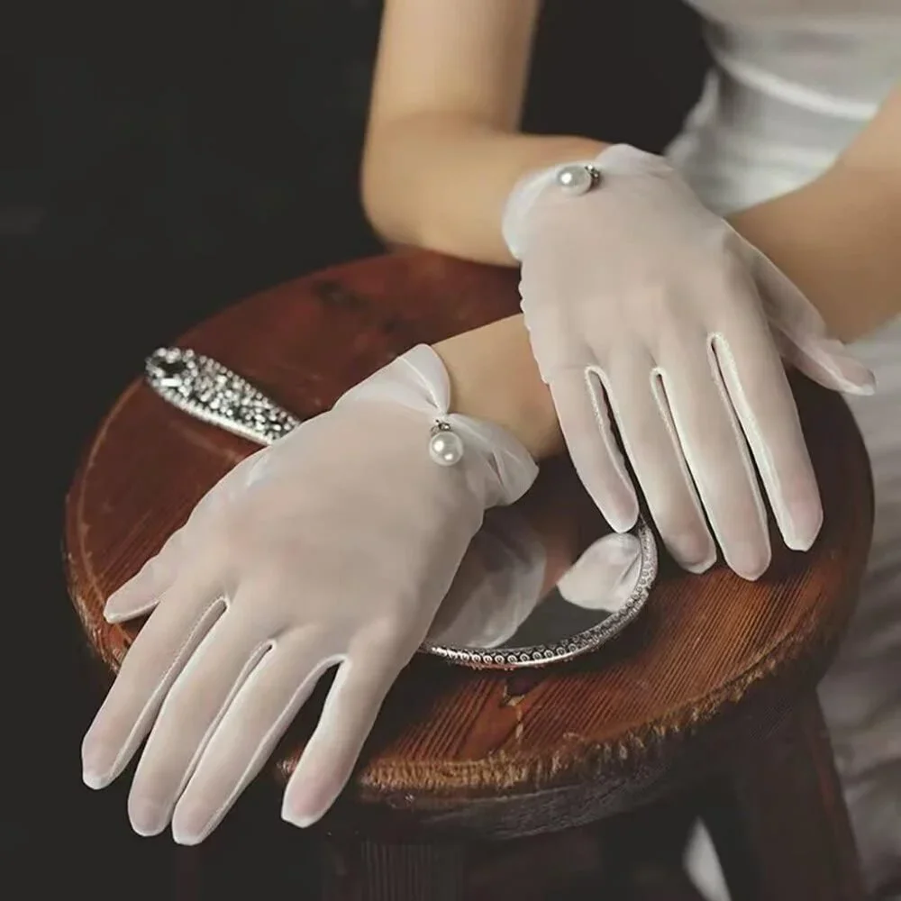 Women's White Evening Pearl Short Gloves Wedding Dance Party Tea Accessories